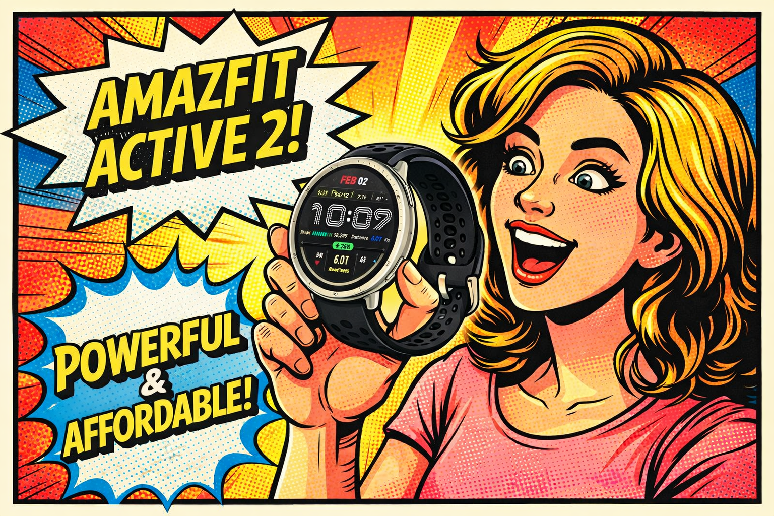 Amazfit Active 2のスマートウォッチを手に持ち機能表示画面を確認する女性のシーン