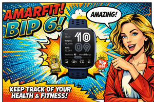 AmazfitBip6を中央に配置し女性が指差して機能と健康管理データを強調する横長ビジュアル