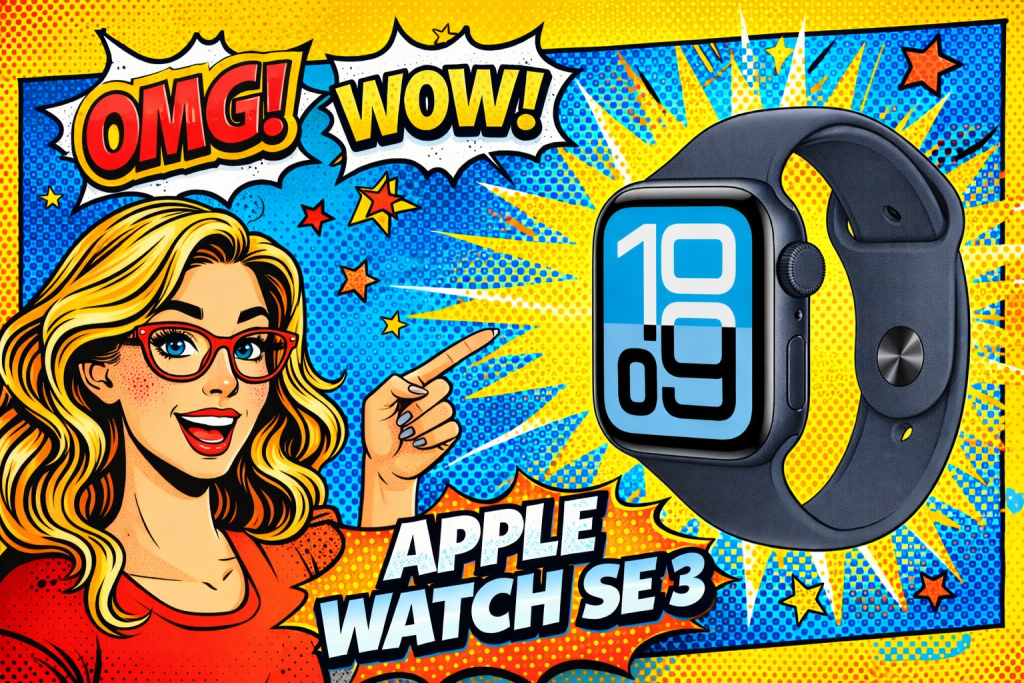 スマートウォッチを指差して紹介する女性とブルー表示のApple Watch SE 3が並ぶ構図