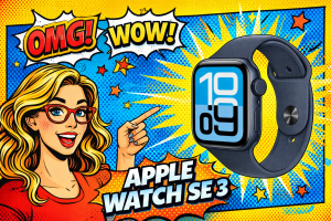 スマートウォッチを指差して紹介する女性とブルー表示のApple Watch SE 3が並ぶ構図