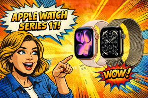 女性がApple Watch Series 11を指さしながら2つの異なるモデルを紹介している構図