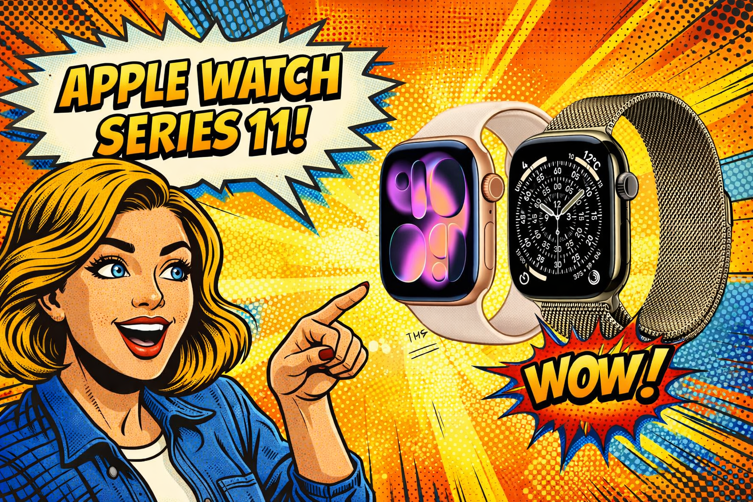 女性がApple Watch Series 11を指さしながら2つの異なるモデルを紹介している構図