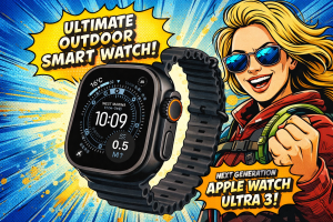 アウトドア装備の女性が腕時計を強調しながら機能性を示している構図