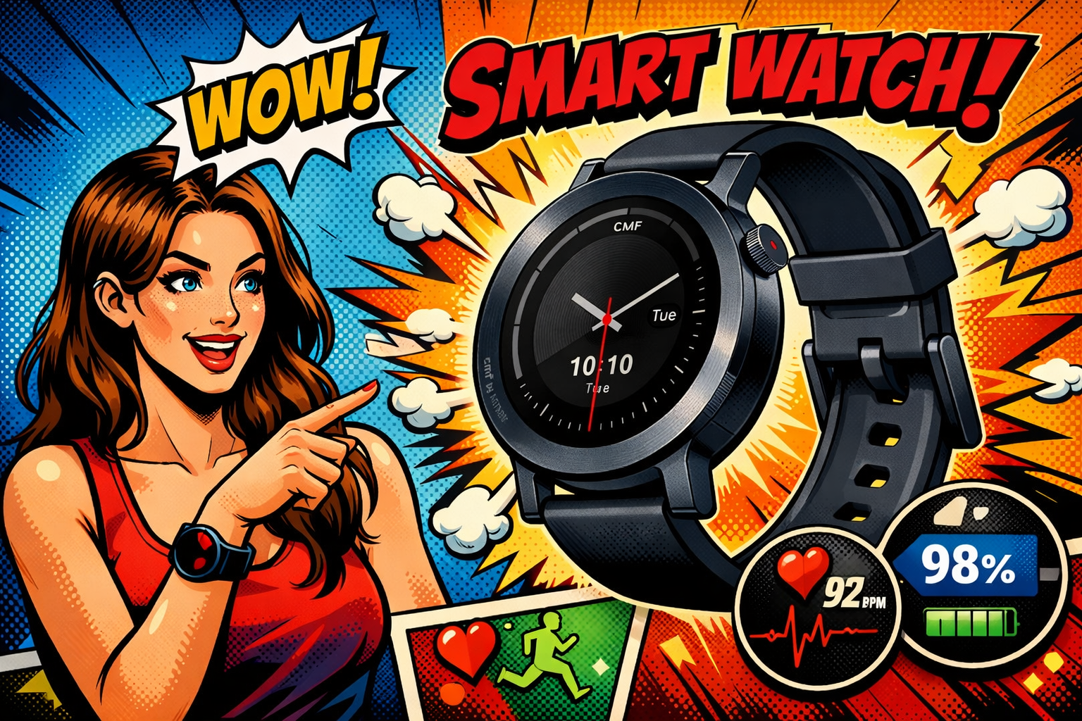 女性が腕のスマートウォッチを指差しながら機能を紹介し中央に黒い円形ディスプレイのモデルが強調されている構図