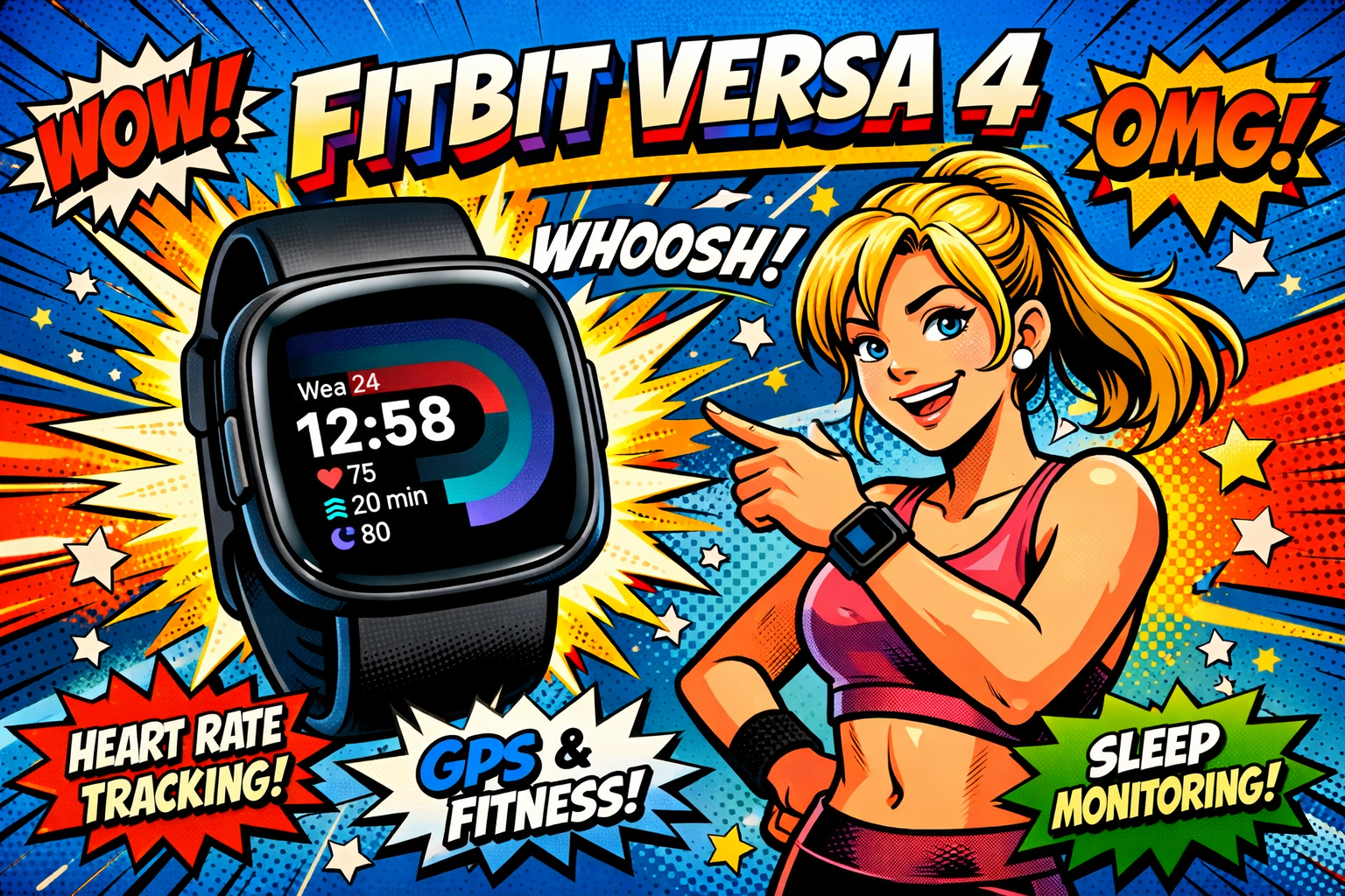 スマートウォッチを指差す女性と心拍数や運動データが表示されたFitbit Versa 4の画面を強調した構図
