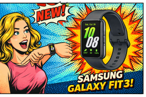 スマートウォッチを装着した女性が機能を確認しながら大型ディスプレイの本体が強調されている構図