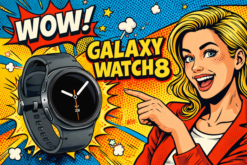 スマートウォッチを指差す女性と黒い円形ディスプレイの腕時計が強調された構図