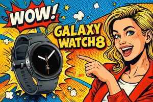 スマートウォッチを指差す女性と黒い円形ディスプレイの腕時計が強調された構図