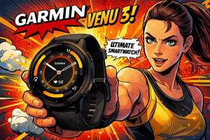 黒いスマートウォッチの円形ディスプレイに心拍数と時刻が表示されている装着状態