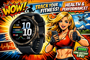 心拍数や歩数などのデータを表示する円形ディスプレイのスポーツ向けスマートウォッチが斜めから配置された状態