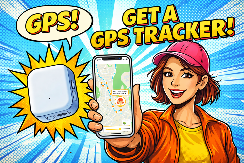 スマートフォンの地図画面で子供の移動経路を確認しながら小型GPS端末を示す女性の様子