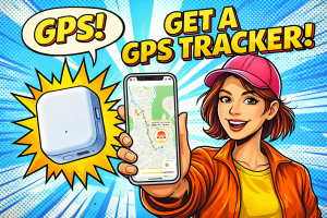 スマートフォンの地図画面で子供の移動経路を確認しながら小型GPS端末を示す女性の様子