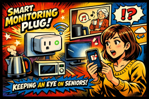 スマートプラグがポットや電子レンジの電源状態を検知し女性がスマートフォンで通知を確認している様子