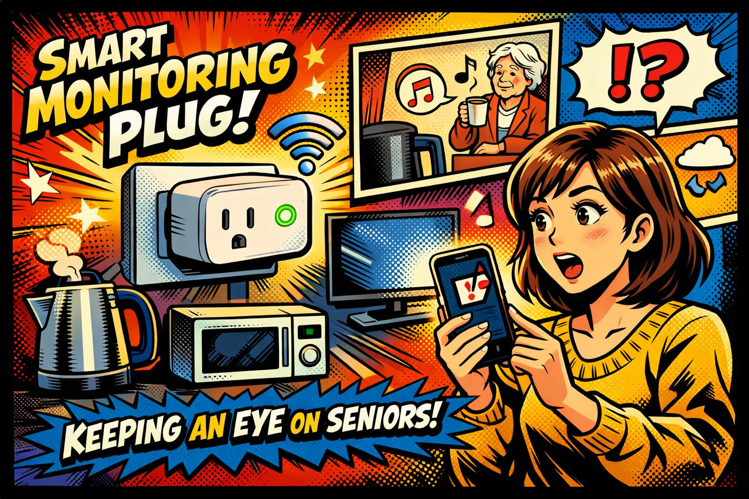 スマートプラグがポットや電子レンジの電源状態を検知し女性がスマートフォンで通知を確認している様子