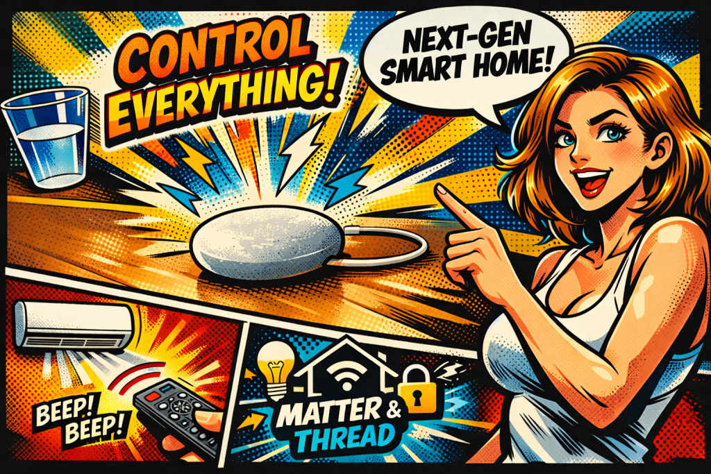 机の上に設置された白いスマートリモコンとスマート操作を表現する女性キャラクターが操作している様子