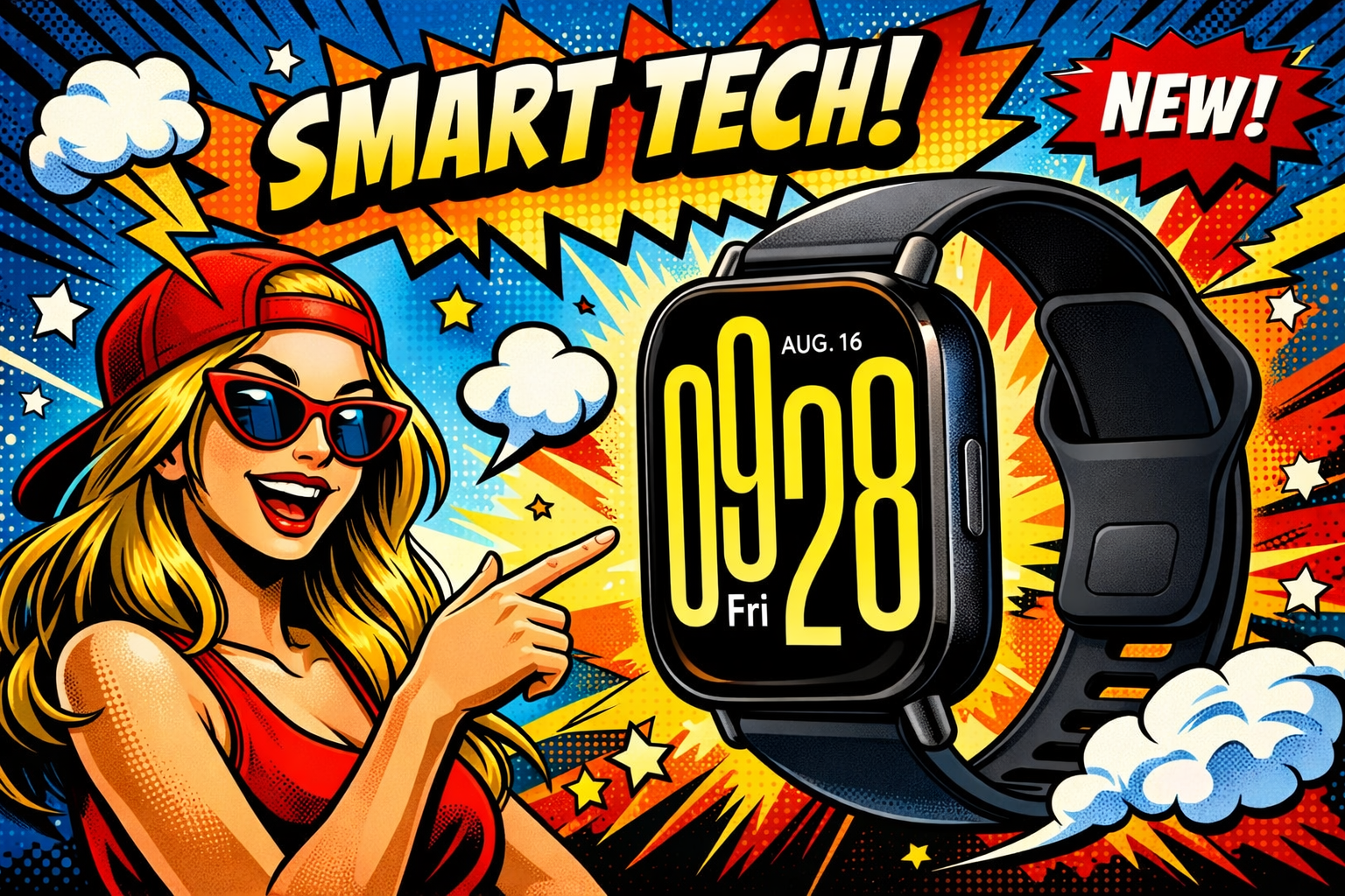 黒いスマートウォッチが黄色の大きな数字表示で時刻と日付を示している状態