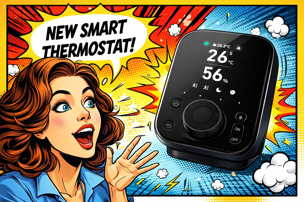 スマート温度調整デバイスを見て驚いた表情の女性が大きなディスプレイの数値を指差している様子