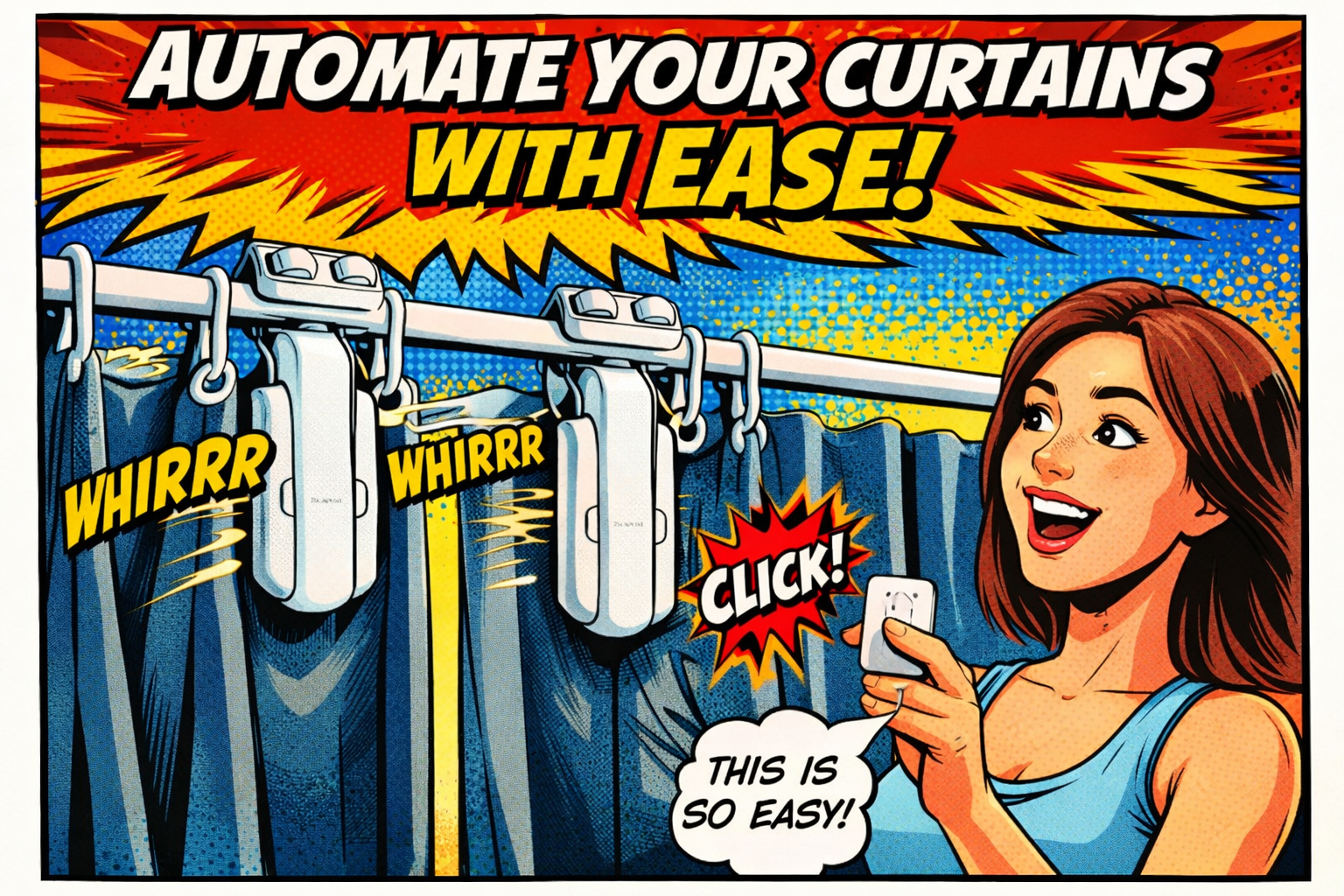 カーテンレールに取り付けた自動開閉デバイスを女性がリモコンで操作している様子