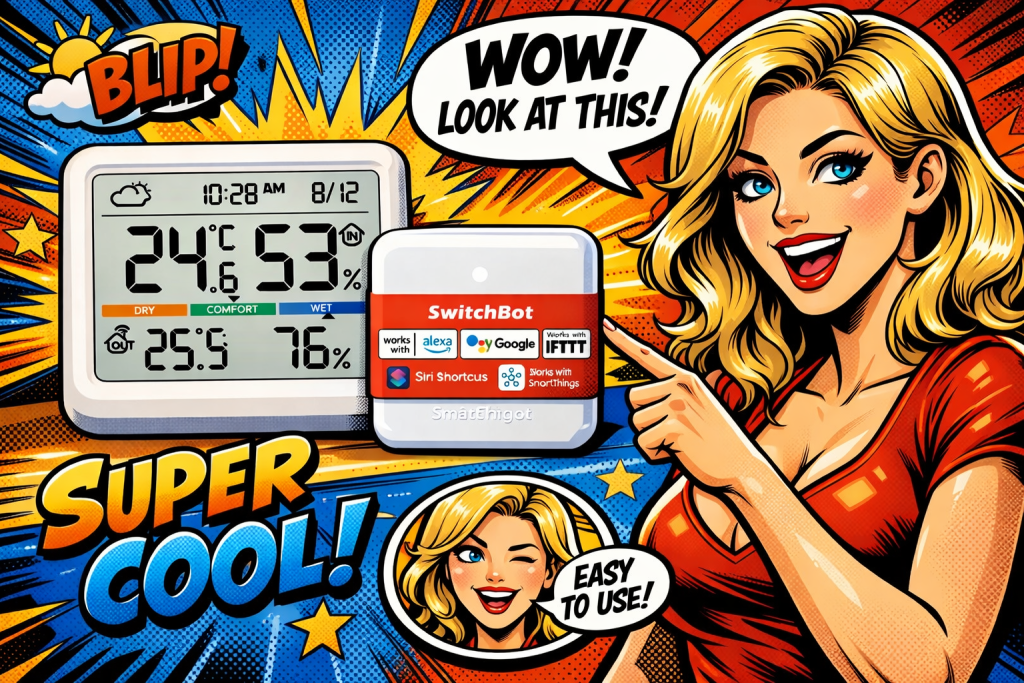 Switchbotの音質度管理をレビューする女性