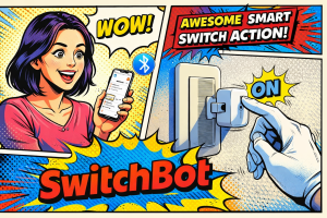 スマートフォンを操作する女性とスイッチを押す小型デバイスが連動し遠隔操作で照明をオンにしている様子