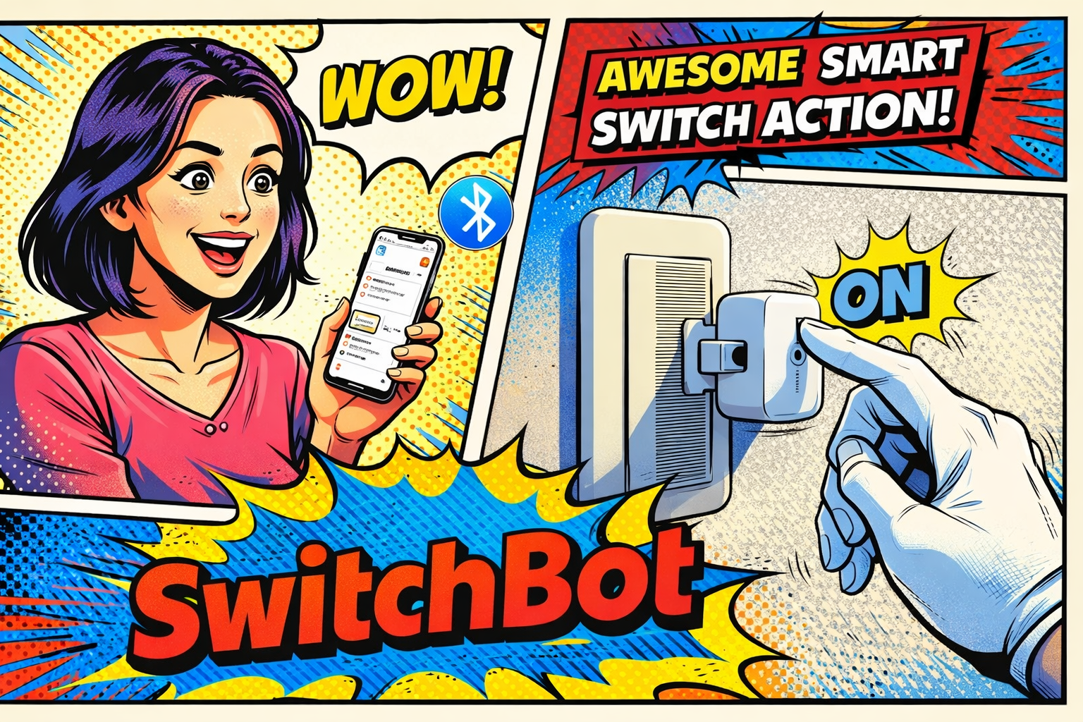 スマートフォンを操作する女性とスイッチを押す小型デバイスが連動し遠隔操作で照明をオンにしている様子