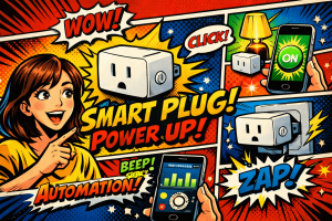 女性がスマートプラグを指差しスマートフォンで電源オン操作を行うポップな演出シーン