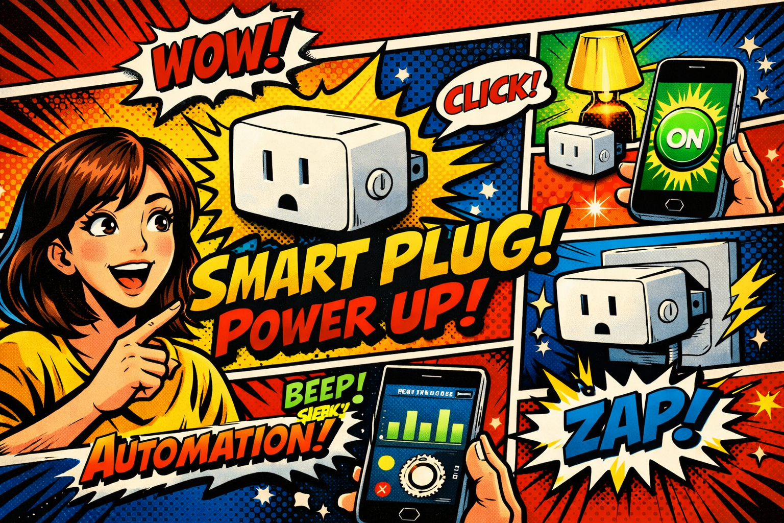 女性がスマートプラグを指差しスマートフォンで電源オン操作を行うポップな演出シーン