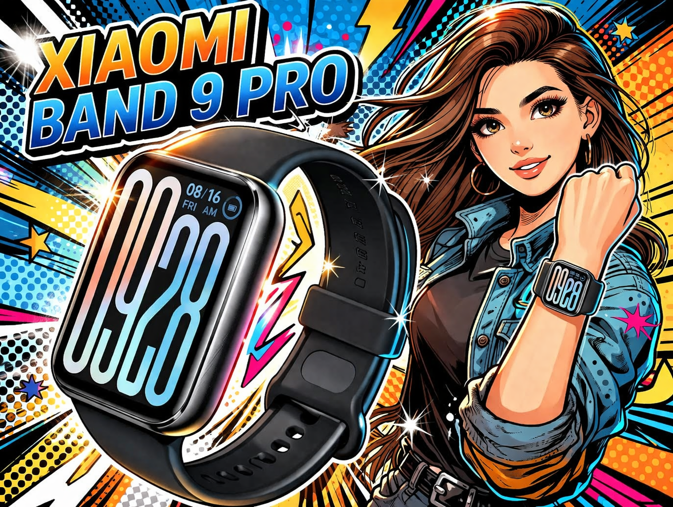 黒いバンドのスマートウォッチがカラフルな表示で時間と日付を示している腕装着状態